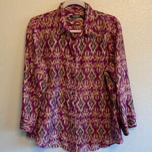Lauren- Ralph Lauren- pink abstract lightweight button up blouse- Size XL